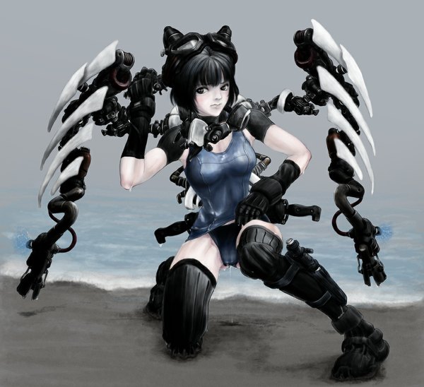 Anime picture 1102x1007 with bitter sweet (artist) single short hair black hair black eyes mechanical wings girl gloves swimsuit thigh boots goggles knife holster