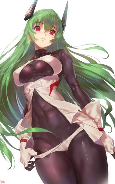 Anime picture 1500x2386 with original menou kaname yd (orange maru) single long hair tall image fringe breasts light erotic simple background hair between eyes red eyes large breasts standing white background signed payot looking away parted lips green hair