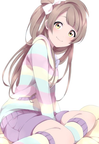 Anime picture 878x1272 with love live! school idol project sunrise (studio) love live! minami kotori sekina single long hair tall image looking at viewer blush fringe simple background smile white background sitting yellow eyes grey hair hair bun (hair buns) one side up girl