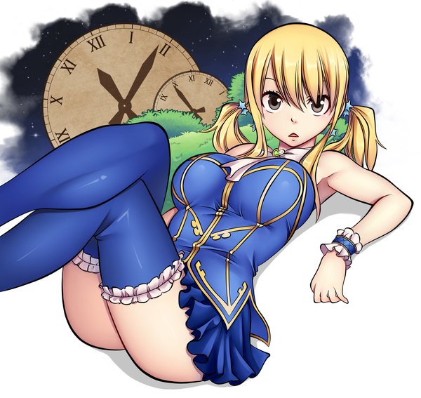 Anime picture 4200x3970 with fairy tail lucy heartfilia lchrno single long hair looking at viewer highres breasts light erotic blonde hair absurdres black eyes legs sleeveless girl thighhighs dress