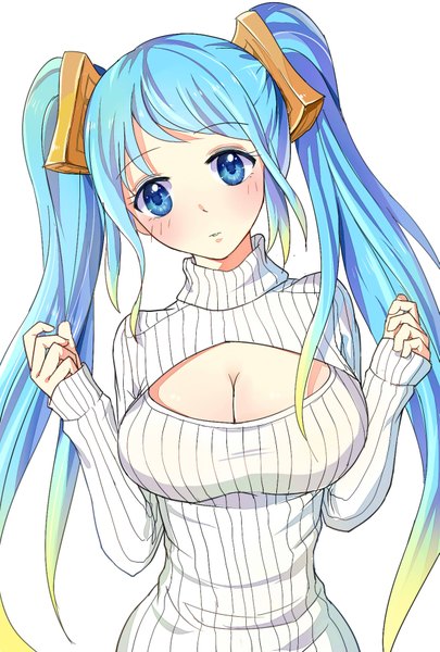 Anime picture 1181x1748 with league of legends sona buvelle yanxi yuan single long hair tall image looking at viewer blush breasts blue eyes simple background large breasts white background twintails blue hair cleavage multicolored hair gradient hair girl sweater