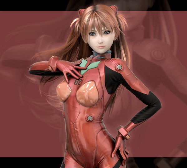 Anime picture 1280x1152 with neon genesis evangelion gainax soryu asuka langley ikedan single long hair blue eyes smile brown hair lips realistic zoom layer 3d girl bodysuit pilot suit