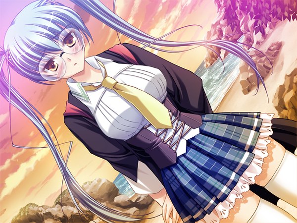 Anime picture 1024x768 with moekoi ishin! (game) long hair blush yellow eyes blue hair game cg girl glasses serafuku
