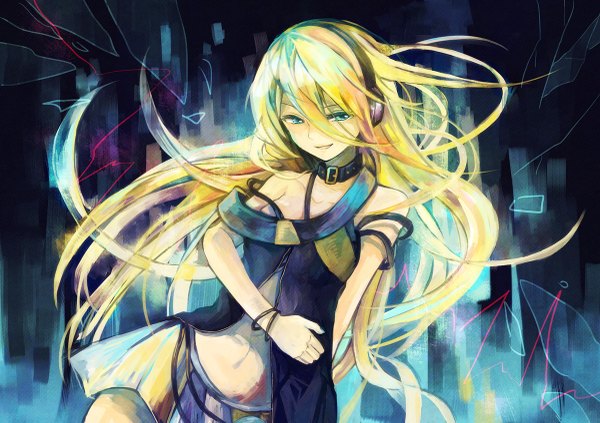 Anime picture 1200x847 with vocaloid lily (vocaloid) single long hair blonde hair smile bare shoulders looking away nail polish aqua eyes girl miniskirt choker bracelet headphones