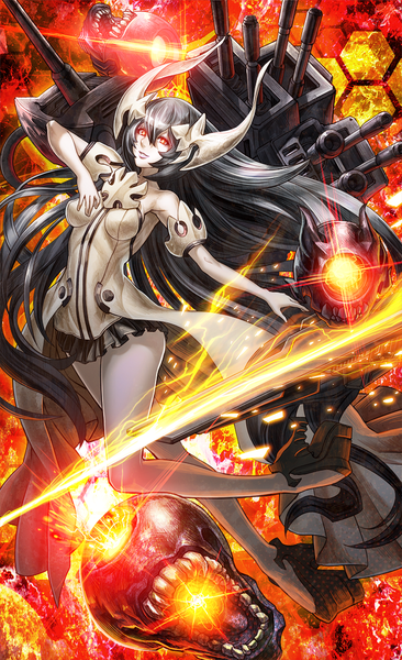 Anime picture 677x1107 with kantai collection anchorage oni gibagiba single tall image looking at viewer fringe open mouth black hair red eyes bent knee (knees) very long hair parted lips horn (horns) wind lips teeth short sleeves outstretched arm glowing