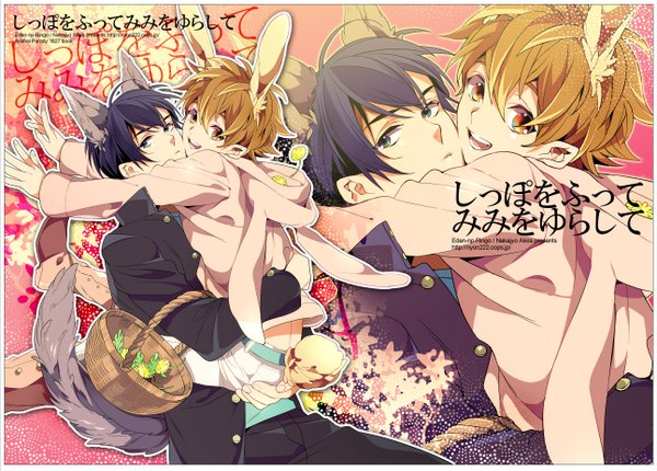 Anime picture 1292x927 with katekyou hitman reborn sawada tsunayoshi hibari kyouya nakajyo short hair open mouth black hair brown hair animal ears animal tail bunny ears hug hieroglyph framed zoom layer shounen ai multicolored eyes bunny boy boy uniform