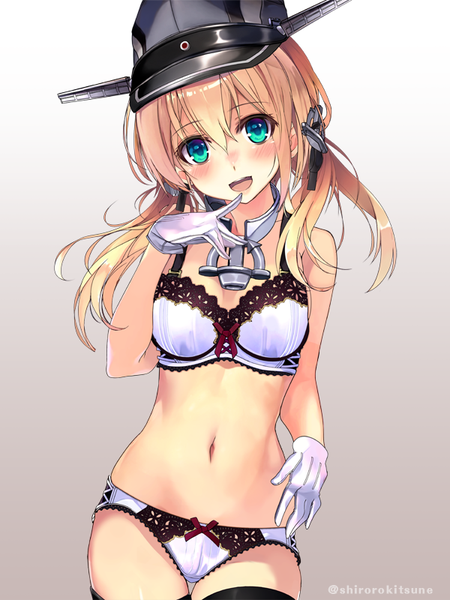 Anime picture 600x800 with kantai collection prinz eugen (kantai collection) shirokitsune single long hair tall image blush fringe breasts open mouth blue eyes light erotic simple background blonde hair hair between eyes signed cleavage :d underwear only twitter username