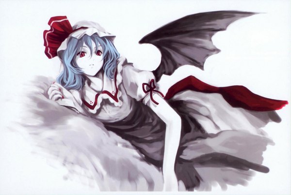 Anime picture 1938x1302 with touhou remilia scarlet cradle (artist) single highres short hair red eyes white background blue hair bat wings girl bow ribbon (ribbons) hat