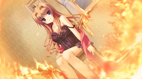 Anime picture 2048x1152 with midori no umi yukie (peach candy) long hair highres blue eyes brown hair wide image game cg cleavage girl fire nightie