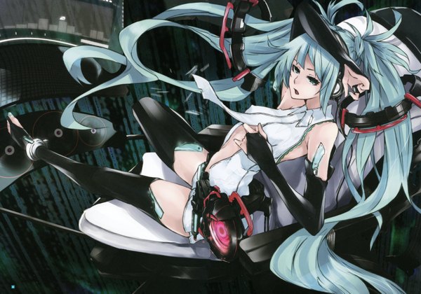 Anime picture 4244x2974 with vocaloid vocaloid append hatsune miku hatsune miku (append) mille (dieci) single long hair highres open mouth bare shoulders absurdres aqua eyes aqua hair girl navel headphones