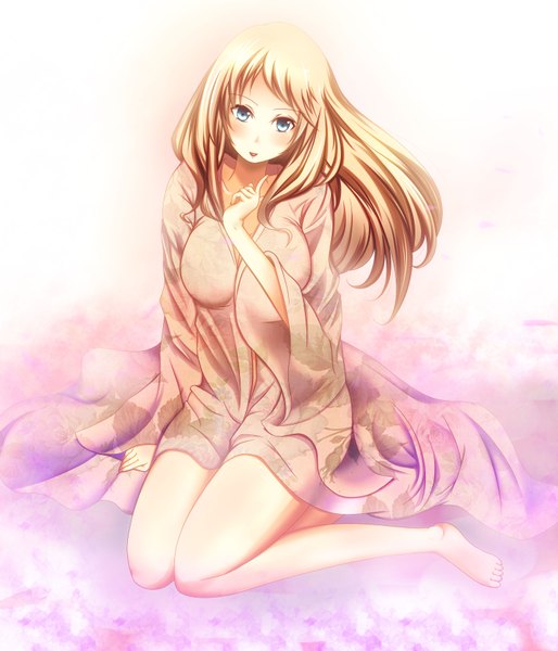 Anime picture 3000x3500 with original iwayuu single long hair tall image looking at viewer blush fringe highres breasts blue eyes blonde hair barefoot bare legs knees touching girl
