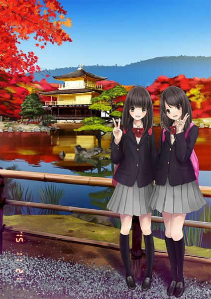 Anime picture 827x1169 with original chikuwa (odennabe) long hair tall image looking at viewer blush fringe open mouth black hair standing multiple girls sky head tilt pleated skirt grey eyes dated victory happy reflection siblings