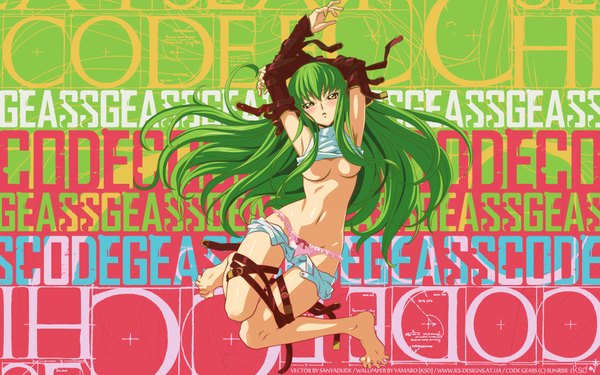 Anime picture 1920x1200 with code geass sunrise (studio) c.c. single looking at viewer blush highres light erotic wide image yellow eyes lying barefoot green hair armpit (armpits) underboob arms behind head partial nude open shorts sexually suggestive girl