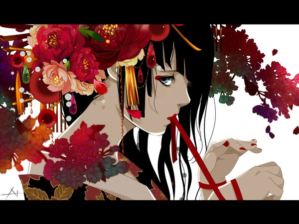 Anime picture 1500x1125 with original nanahara single long hair looking at viewer fringe blue eyes black hair simple background white background bare shoulders holding nail polish traditional clothes japanese clothes fingernails mouth hold ribbon in mouth girl hair ornament