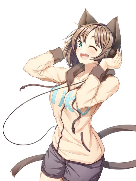 Anime picture 1050x1400 with idolmaster idolmaster cinderella girls re:n ne single long hair tall image blush open mouth blue eyes simple background brown hair white background animal ears tail animal tail one eye closed wink cat ears cat girl cat tail