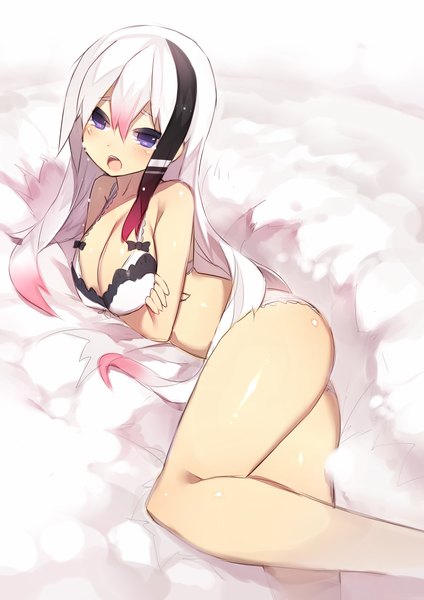 Anime picture 1060x1500 with original mamuru single long hair tall image blush fringe open mouth blue eyes light erotic black hair hair between eyes pink hair cleavage white hair lying multicolored hair on side crossed arms snow