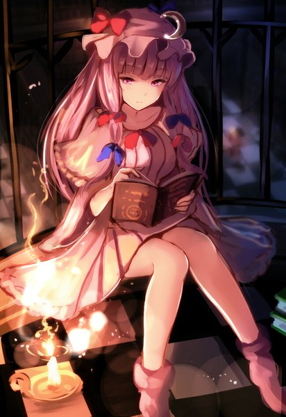 Anime picture 647x941 with touhou patchouli knowledge nakaichi (ridil) single long hair tall image fringe breasts purple eyes holding pink hair purple hair bent knee (knees) indoors magic floor girl dress hat bowtie