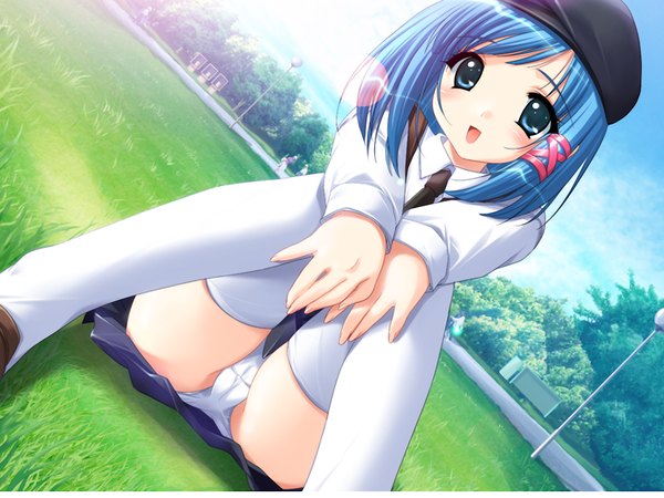 Anime picture 1024x768 with moero downhill night 2 asagiri tomomi emily (pure dream) single looking at viewer short hair open mouth blue eyes light erotic sitting blue hair game cg outdoors :d pantyshot lens flare pantyshot sitting tress ribbon girl thighhighs