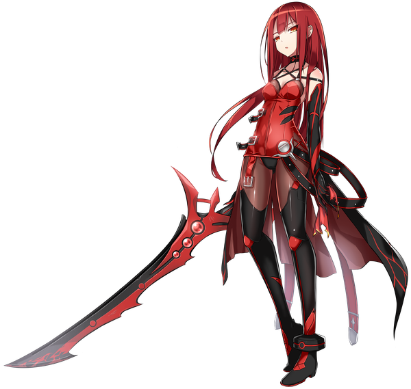 Anime picture 2952x2800 with elsword elesis (elsword) crimson avenger (elsword) ress single long hair looking at viewer fringe highres breasts open mouth red eyes standing holding cleavage full body red hair official art transparent background girl