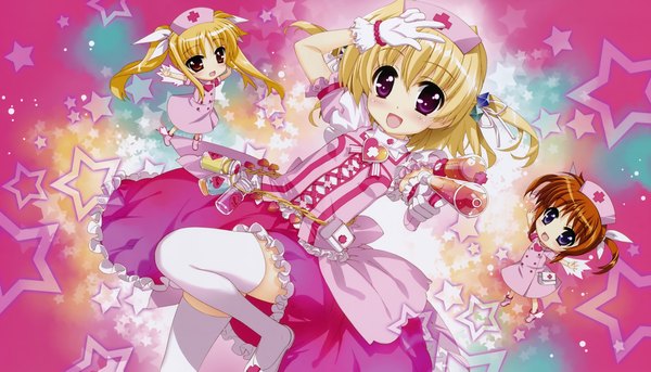 Anime picture 9886x5662 with mahou shoujo lyrical nanoha mahou shoujo lyrical nanoha strikers fate testarossa takamachi nanoha shamal fujima takuya looking at viewer blush highres short hair blonde hair wide image purple eyes multiple girls absurdres scan official art loli chibi girl