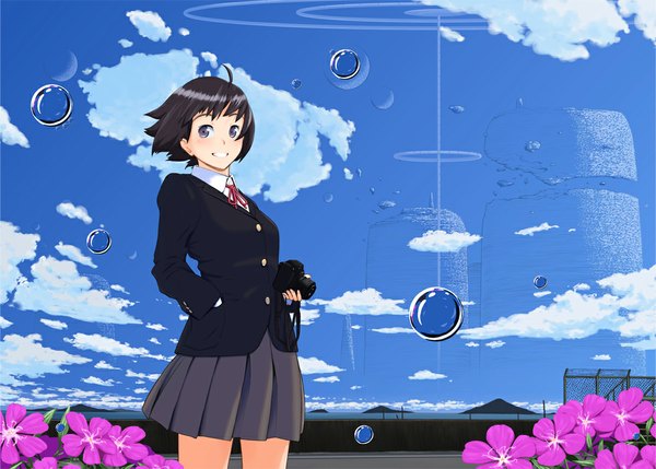 Anime picture 1058x757 with original nanahime (aoi) short hair black hair smile sky cloud (clouds) black eyes skirt uniform flower (flowers) school uniform miniskirt serafuku camera
