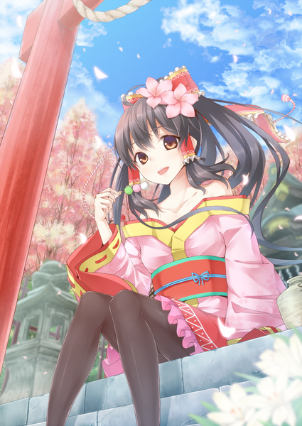 Anime picture 1200x1694 with touhou hakurei reimu dabadhi long hair tall image open mouth black hair sitting brown eyes sky cloud (clouds) miko girl hair ornament flower (flowers) bow hair bow petals obi
