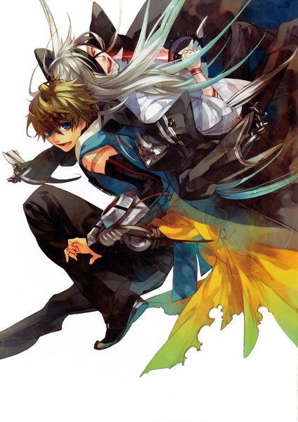 Anime picture 2469x3497 with kazuaki art works kazuaki long hair tall image highres short hair blue eyes simple background blonde hair red eyes white background silver hair multicolored hair aqua hair multiple boys back to back boy weapon detached sleeves sword