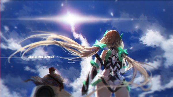 Anime picture 1889x1062 with expelled from paradise angela balzac zarik kajiwara dingo (expelled from paradise) swd3e2 long hair highres short hair light erotic black hair blonde hair wide image twintails signed looking away sky cloud (clouds) wind from behind inscription