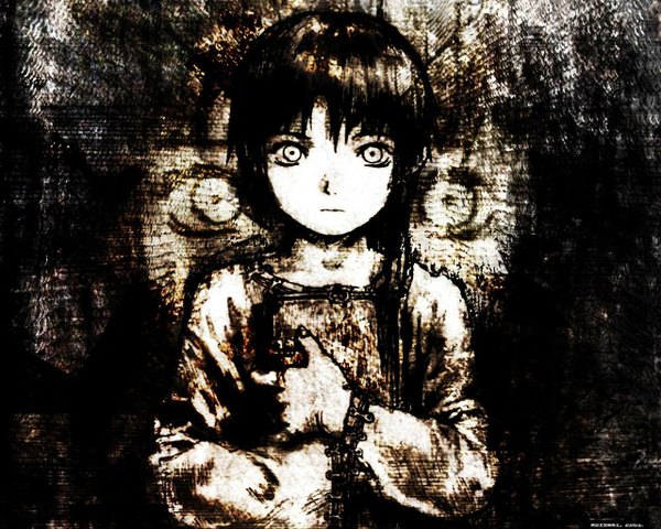 Anime picture 1280x1024 with serial experiments lain iwakura lain single looking at viewer short hair black hair monochrome dark background girl clothes