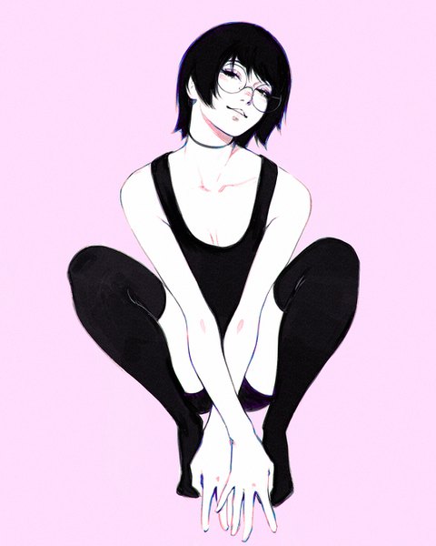 Anime picture 1080x1350 with original ilya kuvshinov single tall image looking at viewer fringe short hair light erotic black hair simple background smile full body parted lips black eyes no shoes squat pink background girl thighhighs black thighhighs