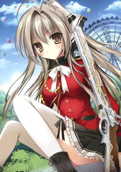 Anime picture 2664x3800 with amagi brilliant park kyoto animation sento isuzu karory single long hair tall image looking at viewer highres sitting brown eyes sky cloud (clouds) ponytail grey hair scan girl thighhighs weapon white thighhighs