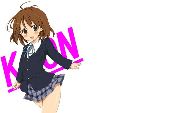 Anime picture 1280x800 with k-on! kyoto animation hirasawa yui itou ayachi single blush short hair open mouth light erotic simple background brown hair wide image white background brown eyes :d third-party edit extended girl uniform school uniform