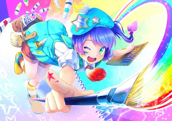 Anime picture 1052x744 with original akama zenta single short hair open mouth smile standing blue hair purple hair ponytail one eye closed wink loli side ponytail standing on one leg multicolored eyes face paint girl socks shorts