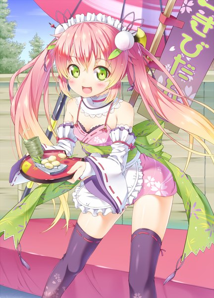 Anime picture 618x858 with original ichi makoto single long hair tall image looking at viewer blush fringe breasts open mouth twintails holding green eyes sky red hair traditional clothes multicolored hair wide sleeves leaning leaning forward