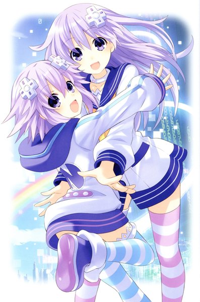 Anime picture 4555x6872 with choujigen game neptune neptune (choujigen game neptune) nepgear tsunako long hair tall image looking at viewer fringe highres short hair open mouth smile hair between eyes purple eyes multiple girls absurdres purple hair long sleeves head tilt :d