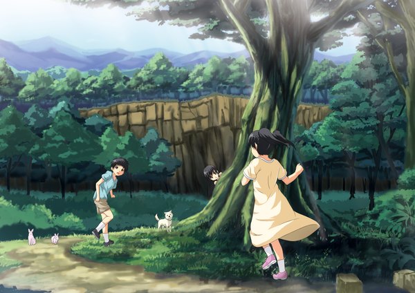 Anime picture 2000x1414 with original natukaze highres multiple girls from behind landscape running girl boy 2 girls plant (plants) animal tree (trees) forest child (children) bunny dog