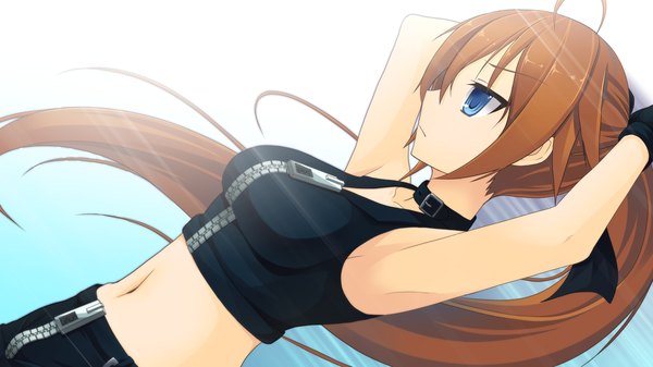 Anime picture 1280x720 with natsuiro asagao residence long hair blue eyes brown hair wide image game cg ponytail girl navel