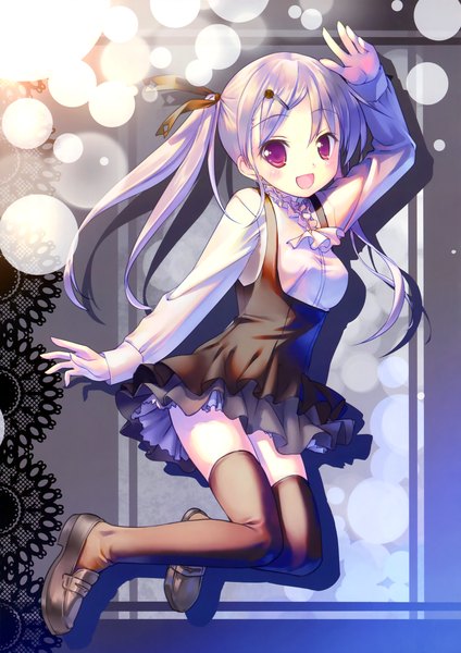 Anime picture 2691x3808 with original takoyaki (roast) single long hair tall image blush highres open mouth red eyes twintails silver hair scan girl thighhighs dress black thighhighs