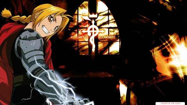 Anime picture 1600x900 with fullmetal alchemist studio bones edward elric single long hair blonde hair smile wide image yellow eyes braid (braids) electricity mechanical parts boy