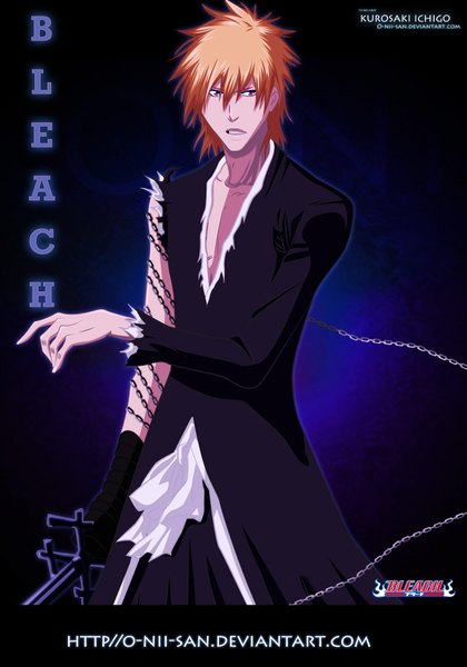 Anime picture 1317x1880 with bleach studio pierrot kurosaki ichigo o-nii-san single tall image short hair japanese clothes pink eyes orange hair inscription coloring torn clothes boy weapon sword belt kimono katana chain