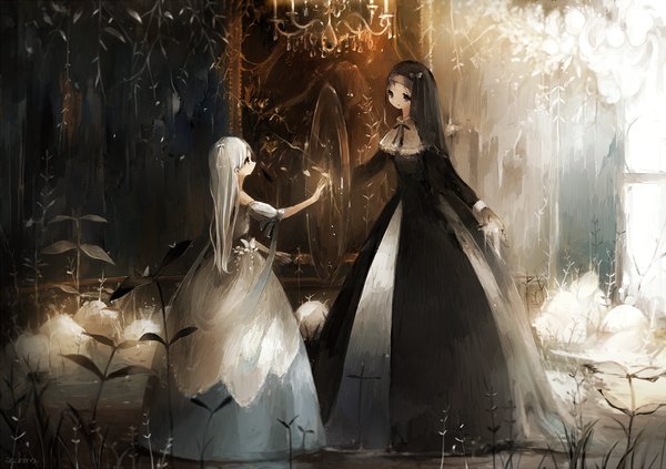 Anime picture 1100x777 with original asahiro long hair red eyes multiple girls white hair grey eyes magic fantasy nun girl dress 2 girls plant (plants) insect butterfly candle (candles) habit chandelier