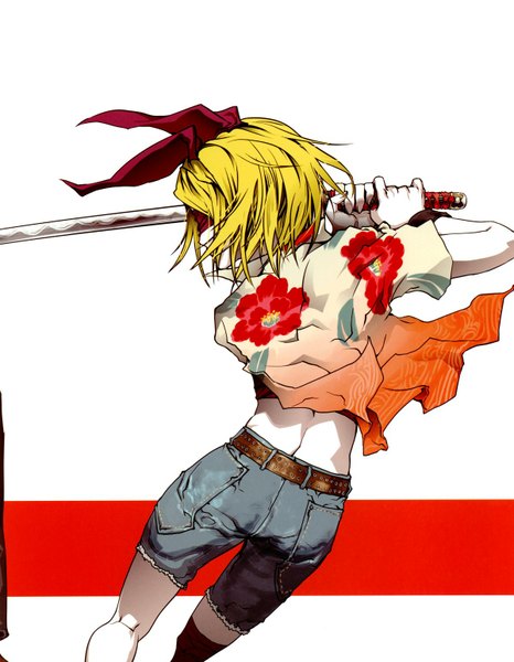 Anime picture 1200x1544 with vocaloid kagamine rin single tall image short hair blonde hair from behind midriff back pale skin battle blindfold girl thighhighs black thighhighs shirt sword shorts belt katana