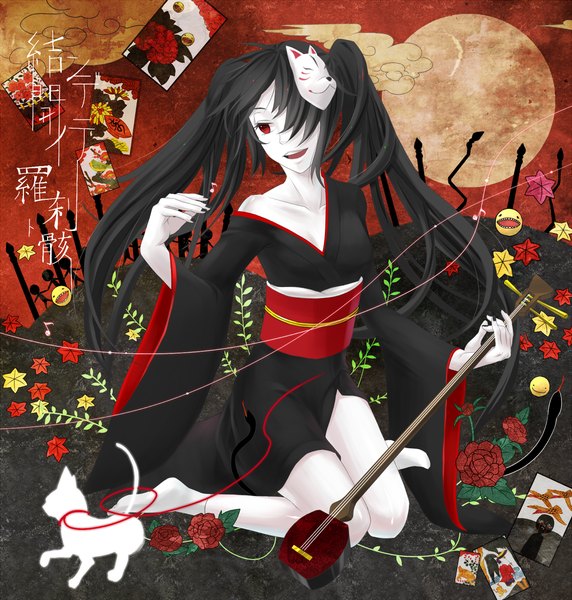 Anime picture 1249x1310 with vocaloid musunde hiraite rasetsu to mukuro (vocaloid) hatsune miku iya osu long hair tall image fringe black hair red eyes twintails cloud (clouds) nail polish japanese clothes hair over one eye kneeling pale skin mask on head girl flower (flowers) kimono