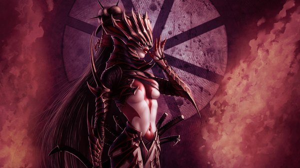 Anime picture 1920x1080 with legend of the five rings daigotsu hotako steve argyle single long hair highres breasts light erotic wide image eyes closed profile lips hair bun (hair buns) tattoo wallpaper lipstick red lipstick dark hair covering eye (eyes) cropped