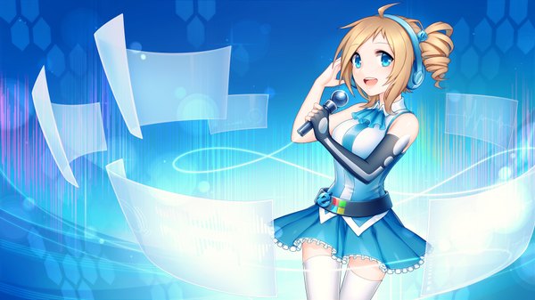 Anime picture 1920x1080 with os-tan aizawa inori pricey single highres short hair open mouth blue eyes blonde hair wide image drill hair girl thighhighs dress white thighhighs headphones microphone