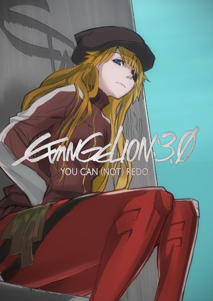 Anime picture 905x1280 with neon genesis evangelion rebuild of evangelion evangelion: 3.0 you can (not) redo gainax soryu asuka langley shikinami asuka langley ini (artist) single long hair tall image looking at viewer blue eyes brown hair sitting from below hands in pockets girl jacket eyepatch cap