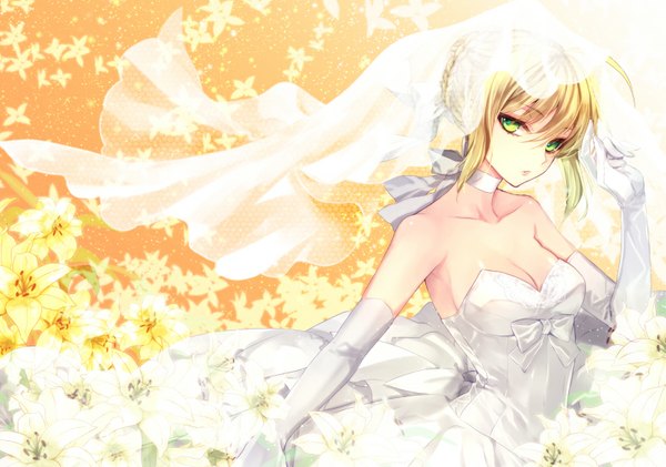 Anime picture 800x562 with fate (series) fate/stay night type-moon artoria pendragon (all) saber ashita single long hair looking at viewer fringe blonde hair bare shoulders green eyes cleavage ahoge braid (braids) adjusting hair yellow background girl dress