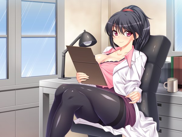 Anime picture 1600x1200 with kokushi (artist) single long hair looking at viewer light erotic black hair cleavage ponytail pink eyes light smile crossed legs girl ribbon (ribbons) hair ribbon pantyhose chair labcoat office chair desktop