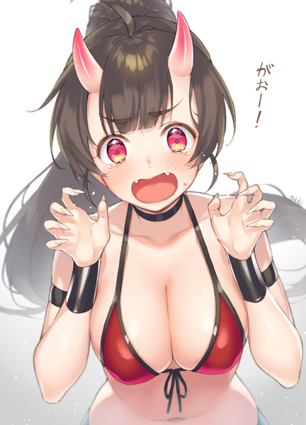 Anime picture 792x1099 with original tokki single long hair tall image blush fringe breasts open mouth light erotic black hair simple background red eyes large breasts signed cleavage upper body ahoge ponytail blunt bangs