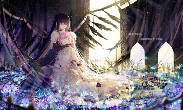 Anime picture 1100x666 with mahou shoujo madoka magica shaft (studio) akemi homura kaname madoka goddess madoka akuma homura bai qi-qsr fringe black hair smile wide image purple eyes twintails bare shoulders multiple girls signed pink hair eyes closed very long hair looking down